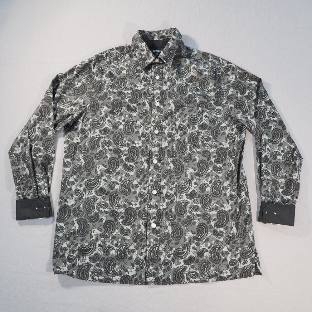 KingSize Shirt Mens LT Large Tall Black Gray Paisley Flip Cuff Preppy Minimalist - Picture 10 of 10
